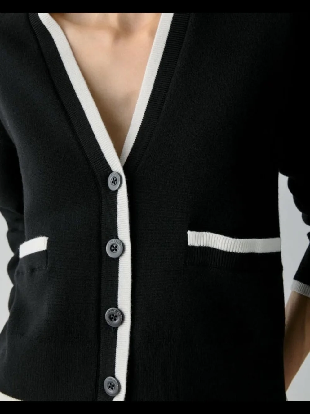 Black & White Trim Women’s V-Neck Button Cardigan Sweater
